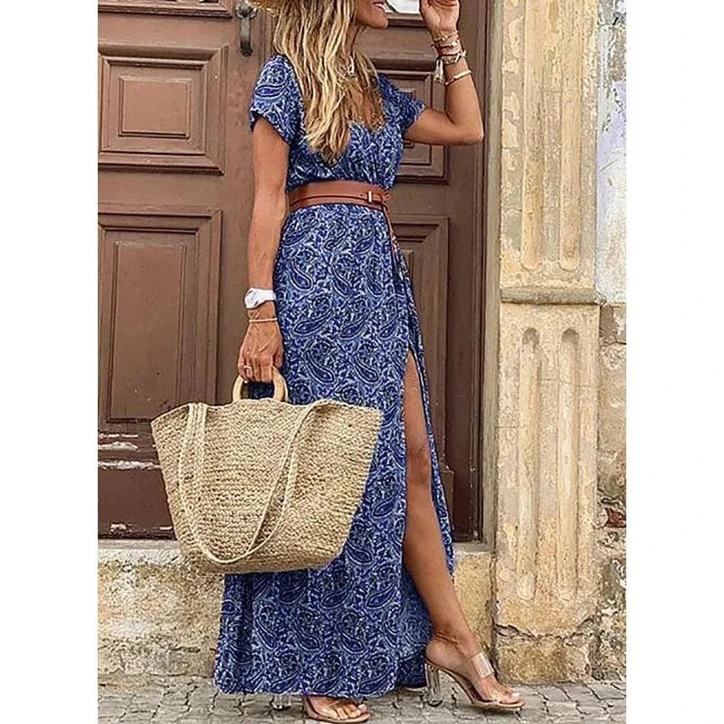 2 XL / 4 2024 Spring and Summer Explosion Bohemian Printed V-Neck Floral Dress Seaside Beach Vacation Dresses