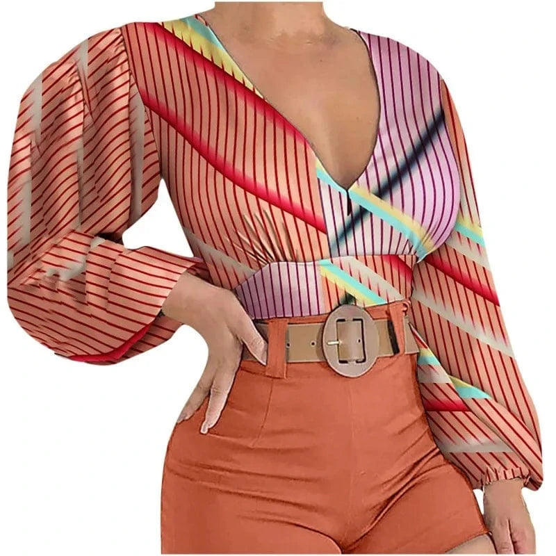 2 XL / 4 2024 T-Shirt Sexy Crop Top spring Elegant Long Sleeve V Neck Ruffle Chiffon Trim Floral Print Shirt Tops Clothing For Women