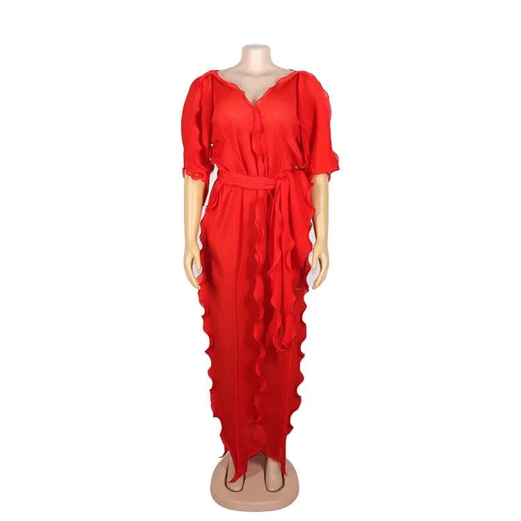 2 XL / 5 J&H 2024 Half Sleeve Ruched Lace Up African Women's Dress Sexy V-Neck Pleated Ruffled Edge Pearl Chiffon Dress