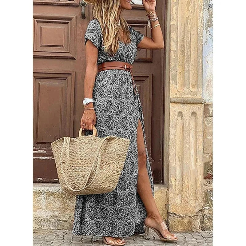 2 XL / 8 2024 Spring and Summer Explosion Bohemian Printed V-Neck Floral Dress Seaside Beach Vacation Dresses