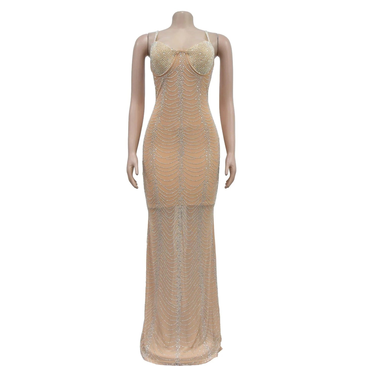 2 XL / Apricot 2024 New Arrival Sexy Mesh Beaded Luxury Party Evening Club Woman Maxi Dress