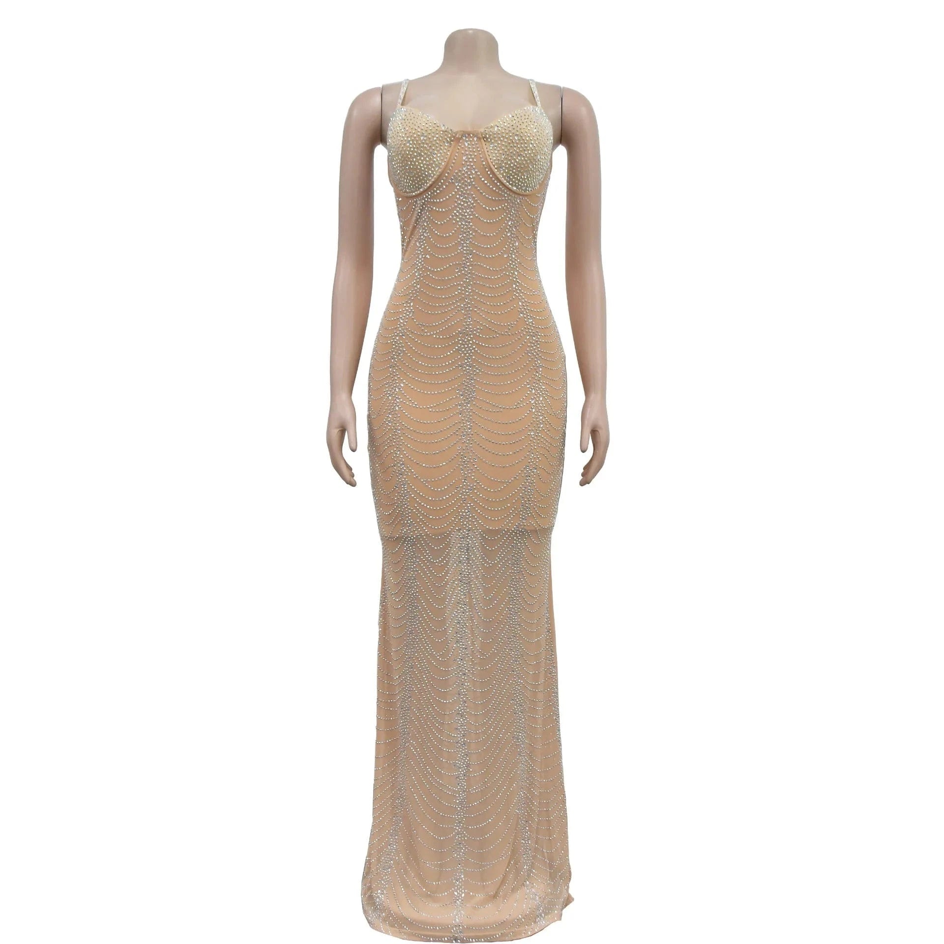 2 XL / Apricot 2024 New Arrival Sexy Mesh Beaded Luxury Party Evening Club Woman Maxi Dress