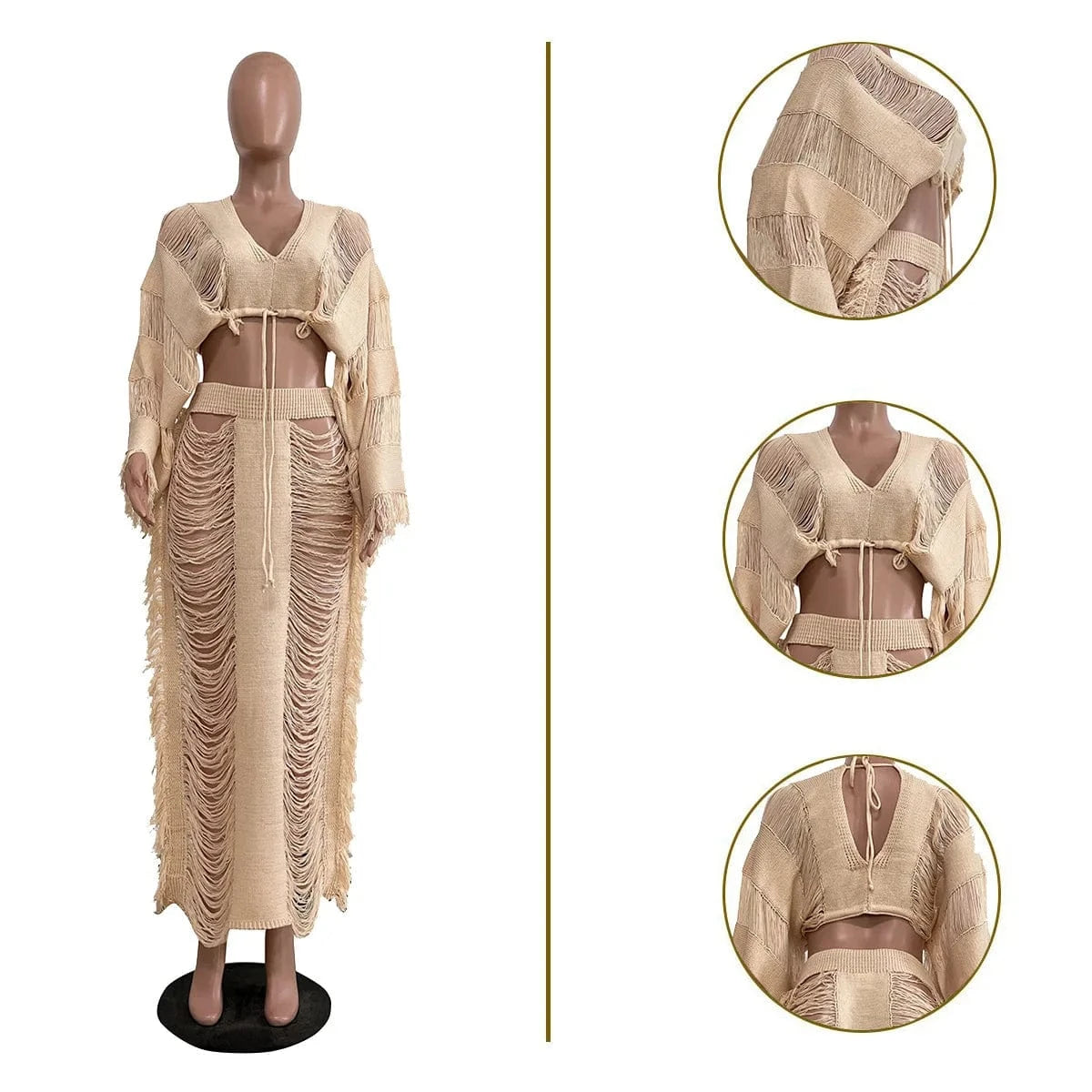 2 XL / apricot Bomblook C1229ST03 2024 Solid Deep V Neck Outfits Top Sets With Hollow Out Skirt Knit 2 Piece Set Women Streetwear Set