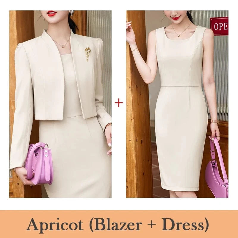 2 XL / Apricot dress suits Wholesale 2 Piece Dress Suits High quality Women Business Set Fashion Formal Lady Office Suit Short Blazer and Dress