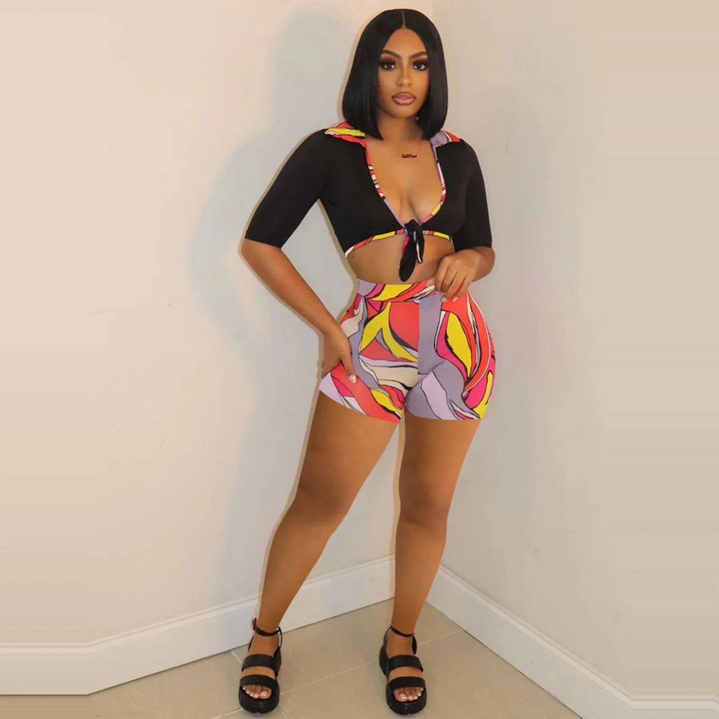 2 XL / as picture Women Going Out Outfits Summer Shirt Top and Shorts Set 2 Piece Set Women Shorts Set Summer Crop Top 2 Piece Women