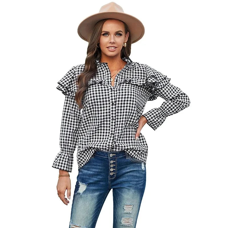 2 XL / As show 2024 fashion plaid shirt spring women's lotus leaf shoulder long-sleeved single-breasted loose top flared sleeve casual shirt