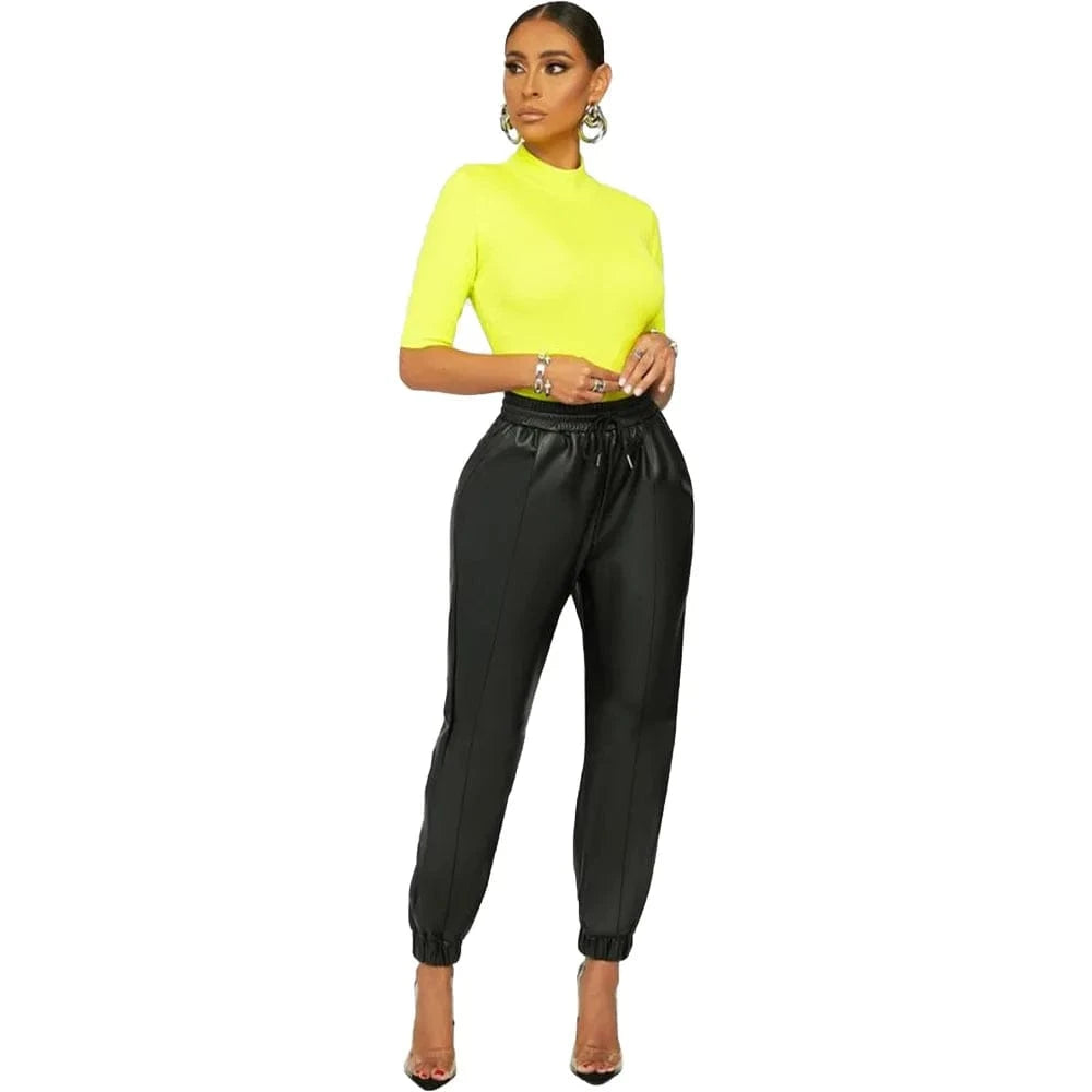 2 XL / Black 2022 New Arrivals Solid Color High Waist Drawstring Elastic Waist Women PU Leather Ankle Banded Pants