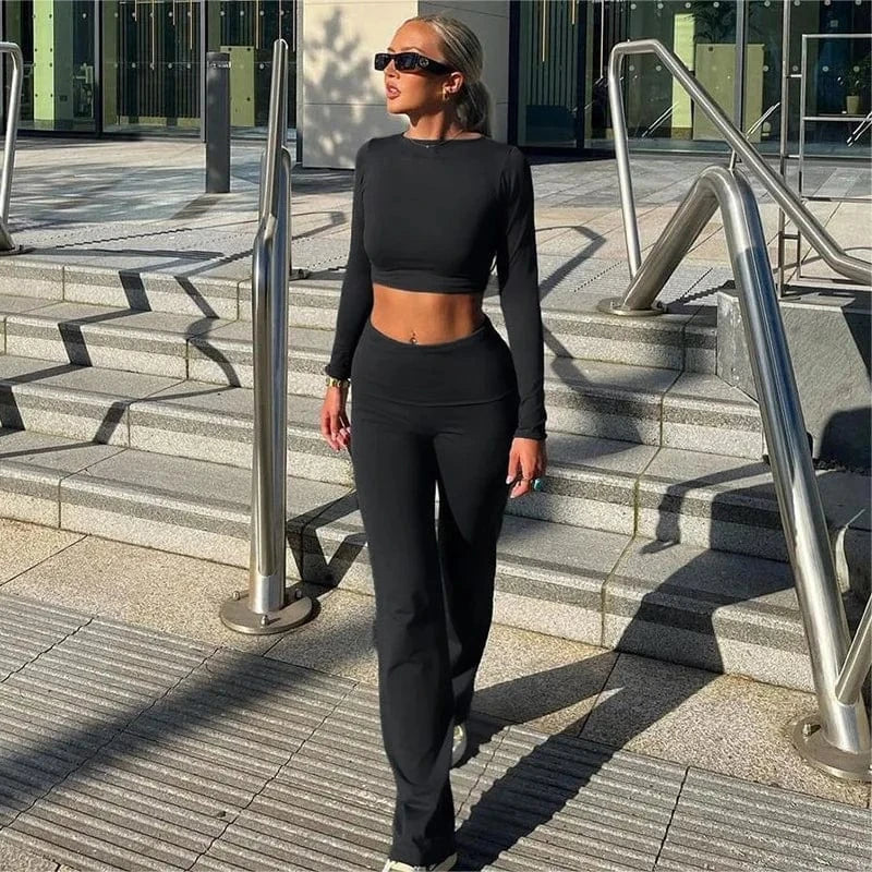 2 XL / Black 2024 Autumn New European and American Style Fashion Casual Long sleeved Top High Waist Wrap Hip Long Pants Women's Set
