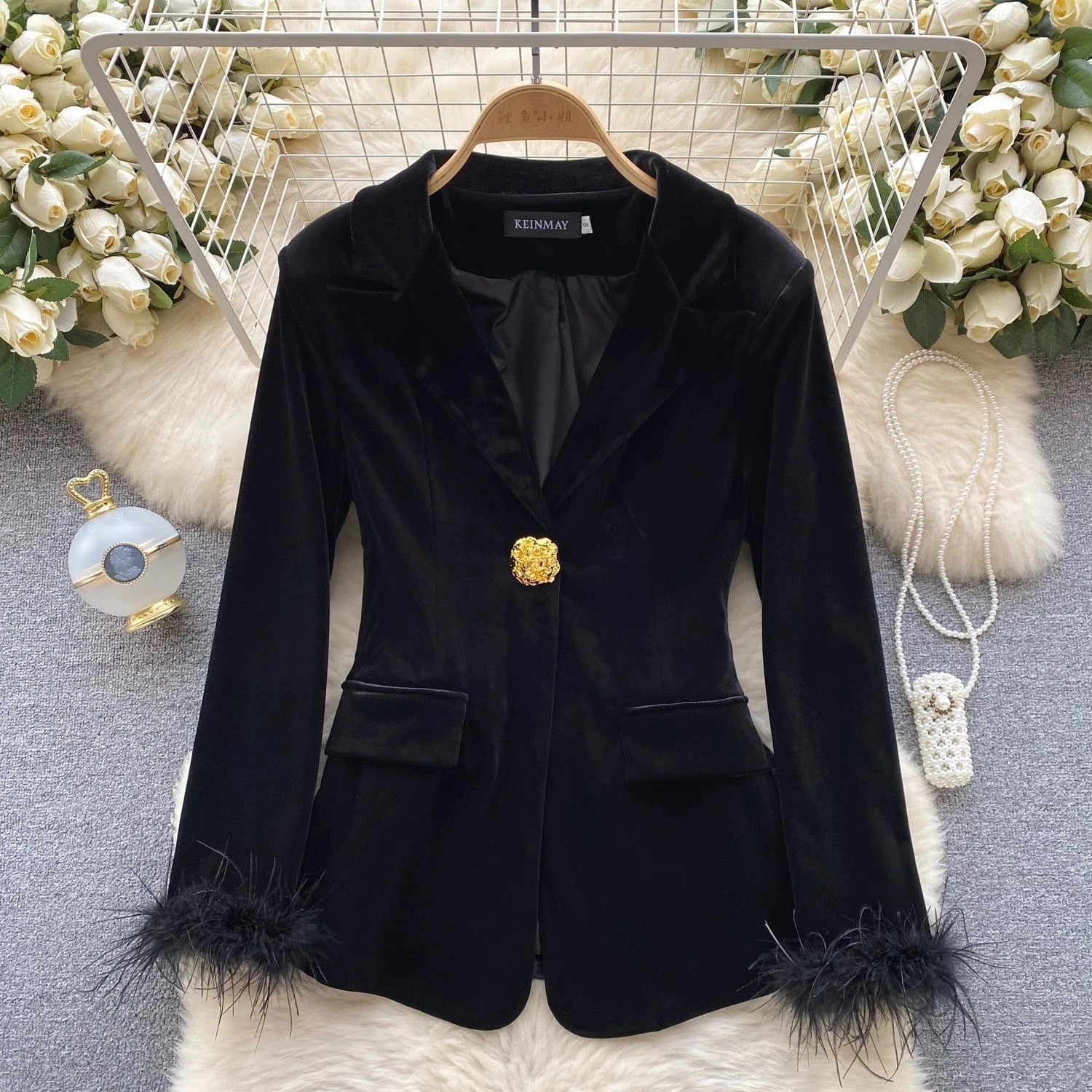 2 XL / Black 2024 Autumn New High-end Feeling Light Mature Top Patchwork Velvet Jacket Blazer Women