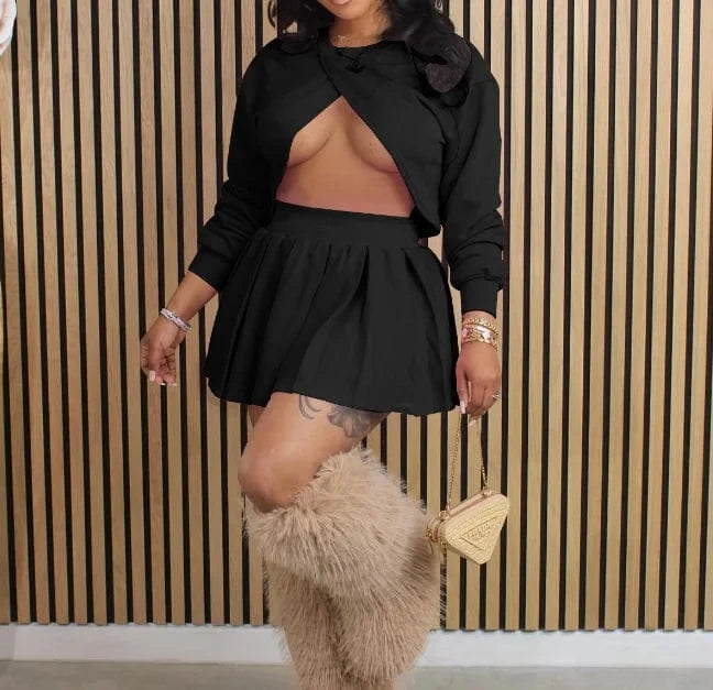 2 XL / Black 2024 casual women 2 pieces sets long sleeve hollow crop tops and pleated skirts suits streetwear tracksuits