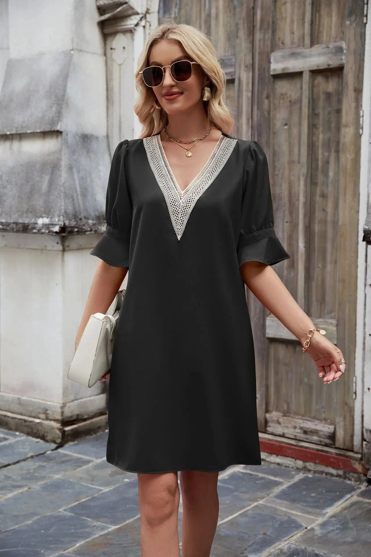 2 XL / Black 2024 Europe and the United States summer new solid color V-neck  lace loose pleated five-quarter sleeve dress women