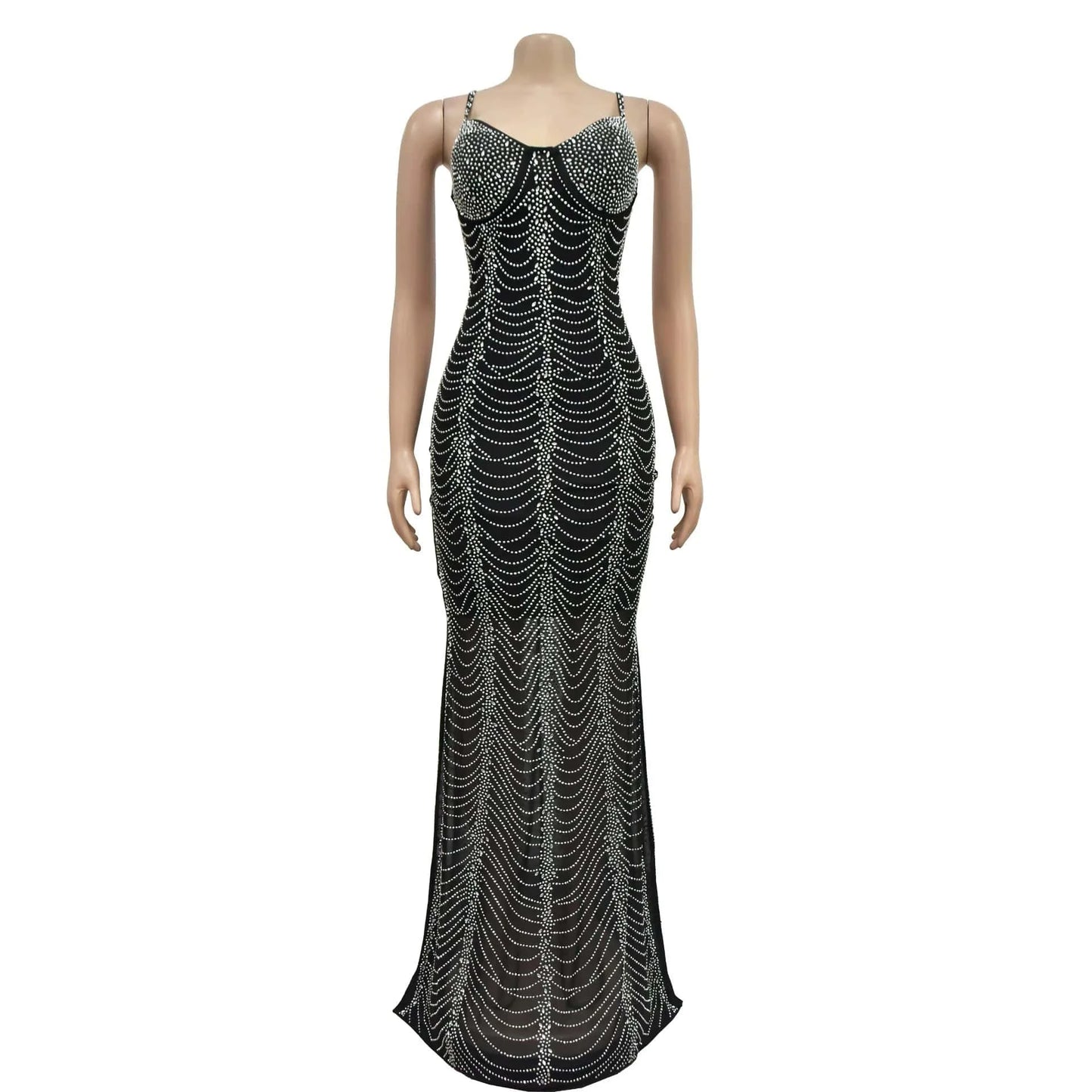2 XL / Black 2024 New Arrival Sexy Mesh Beaded Luxury Party Evening Club Woman Maxi Dress