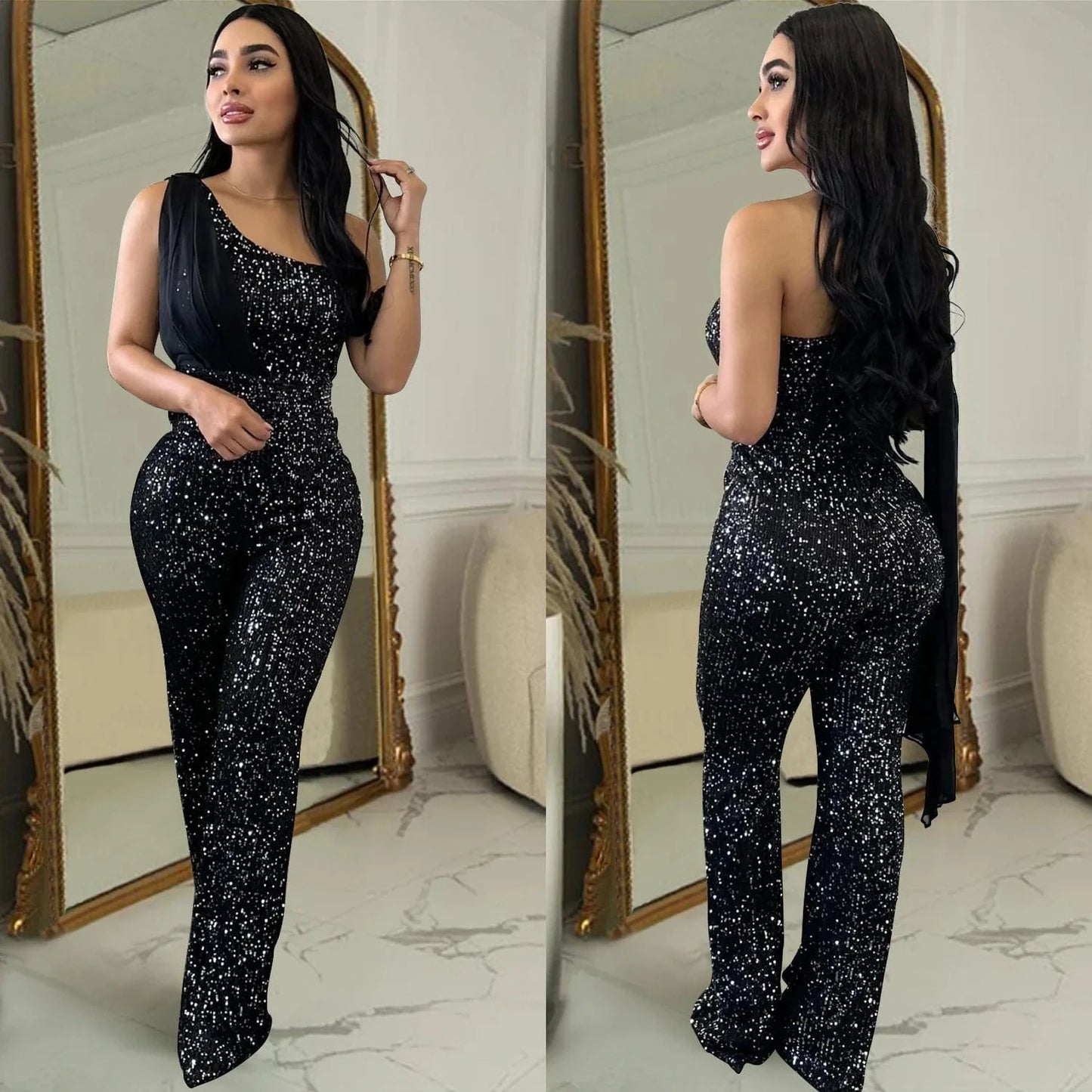 2 XL / Black 2024 New European and American Fashion Women's Solid Color Sleeveless Single Shoulder Sequin Pants Women Jumpsuit