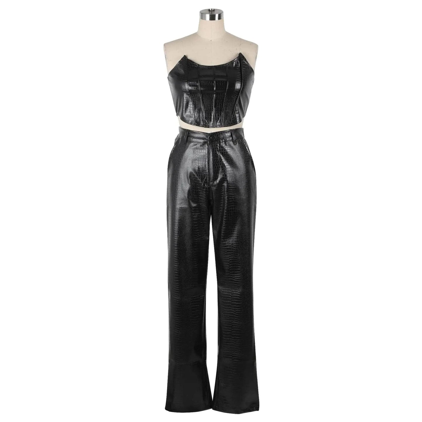 2 XL / Black 2024 New Fashion Women Lady Summer Sleeveless Strapless Zipper Animal Grain Fashion Top+Pants 2 Pieces Set Casual Suits