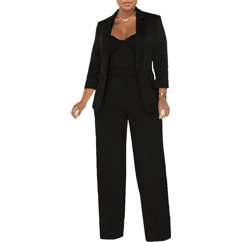 2 XL / Black 2024 Spring and Summer New solid color suit jacket + halter romper suit women casual formal blazer suit set for ladies