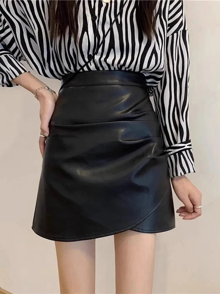 2 XL / Black 2024 Summer New Black PU Leather Skirt Women High Waist Pleated Anti-skid Half Skirts Pencil Hip Black Korean A-line Short Skirt
