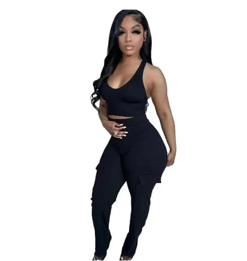 2 XL / Black Adult fashion summer women 2 piece crop tops cargo pants jogger set 2024 for women