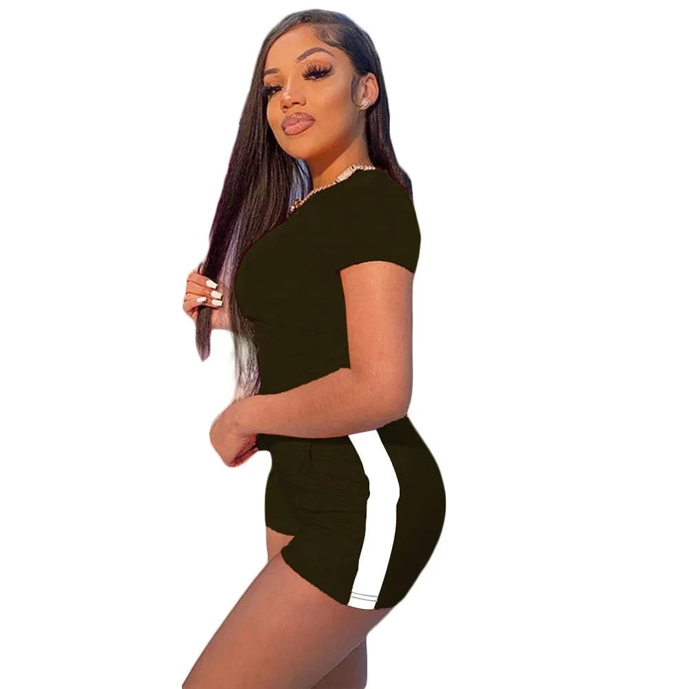 2 XL / Black Brand Custom Casual Summer Two Piece Set Women Outfits Tracksuit Female Elastic T Shirt 2 Piece Biker Shorts Set