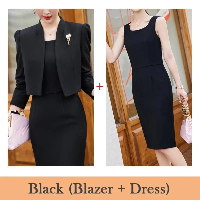 2 XL / Black dress suits Wholesale 2 Piece Dress Suits High quality Women Business Set Fashion Formal Lady Office Suit Short Blazer and Dress
