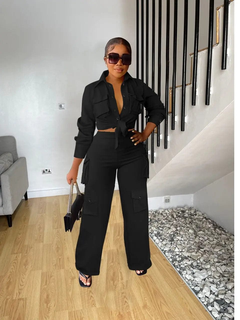 2 XL / Black Fall Cargos Two Piece Set With Wide Legs Pants  Women Clothing Solid 2 Piece Pants Set Women 2023