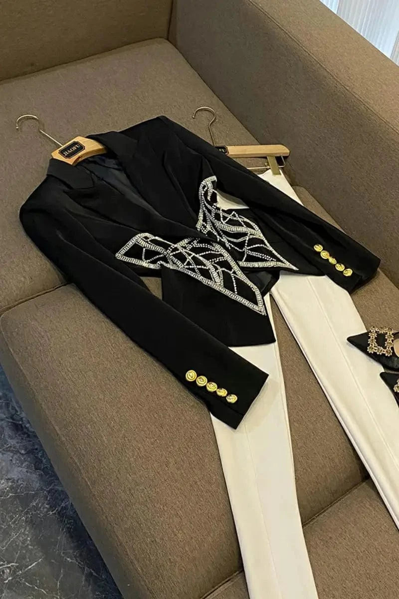 2 XL / Black Fine Workmanship Beading Rhinestone Lady Fashion Office Coat Long Sleeve Slim Waisted Women Black Blazer