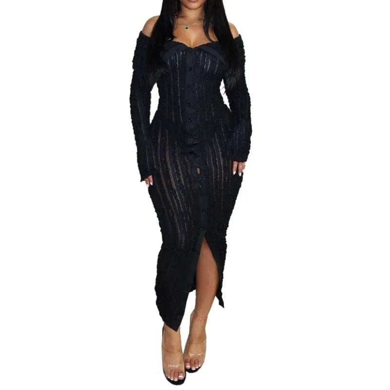 2 XL / Black G0654 Wholesale spring 2024 boutique clothes sexy wave casual dresses off shoulder long sleeve dress elegant women's dresses