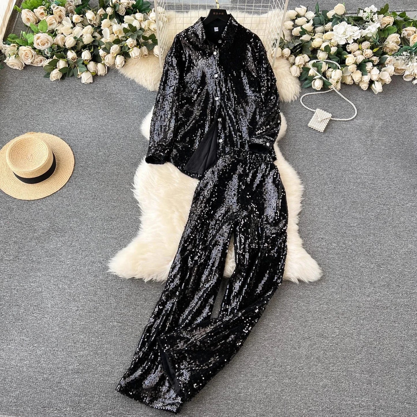 2 XL / Black GX9524 New Arrival 2024 Spring Fashion Lady Street Wear Long Sleeve Bling Sequin Shirt and Wide Leg Pant 2 Piece Set Women
