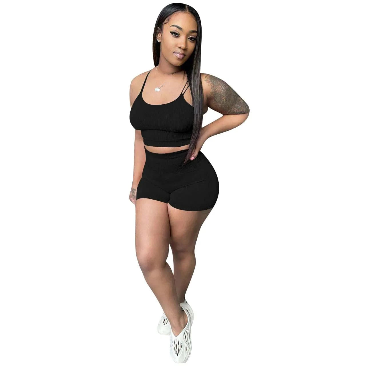 2 XL / Black Gym Fitness 2 Piece Sets Shorts for Women Sets Ladies Shorts and Top Set Women Athletic Jogger Suit Biker Shorts Outfits