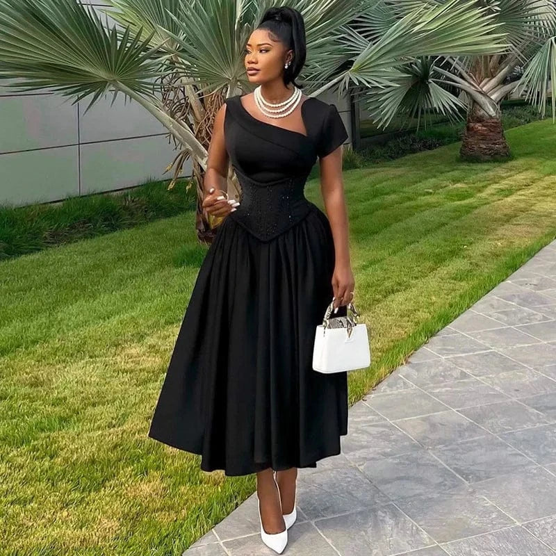 2 XL / Black Liu Ming Spring Summer Fashion 2024 Elegant Women Casual Short Sleeve High Waist Pleated Party Midi A Line Dress