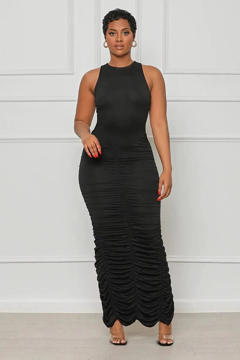 2 XL / Black Liu Ming Spring Summer Fashion 2024 Women Casual Crew Neck Sleeveless Solid Pleated Bodycon Maxi Dress