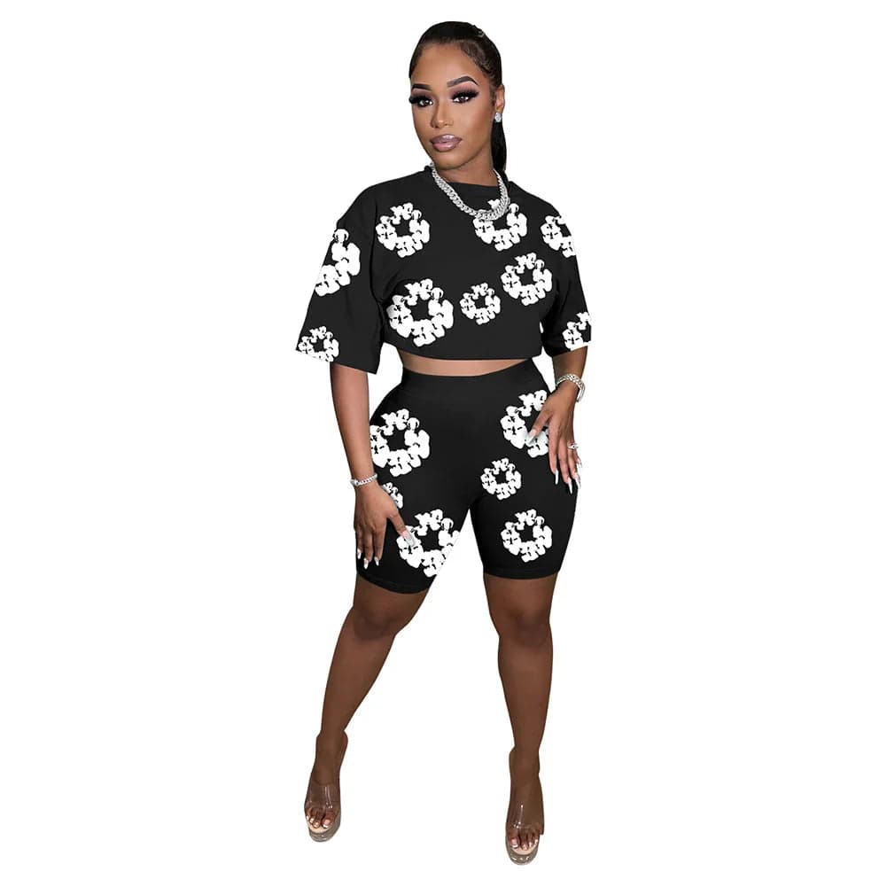 2 XL / Black new product 2024 popular best selling Slim Round neck short sleeve popular digital pattern printed shorts set