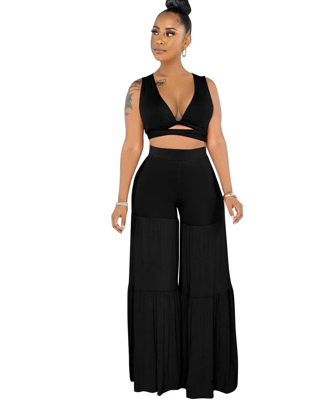 2 XL / Black New Sexy Bundled Vest Top V-Neck Pleated Solid Color Summer Casual Women Mid-Waist Stitching Wide-Leg Two Piece Pants Set