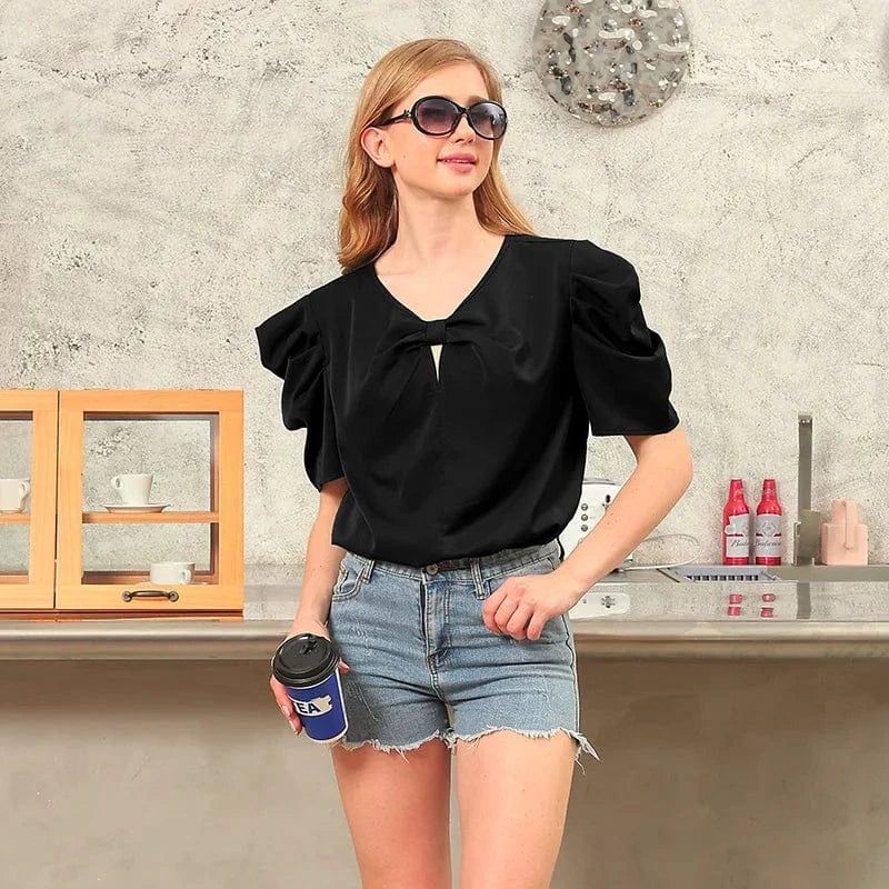 2 XL / Black Short Sleeved Top Women's V-neck Solid Fashion Bubble Sleeves Bow Tie Pullover Ladies Commuting Casual Wear Spring Summer 2024