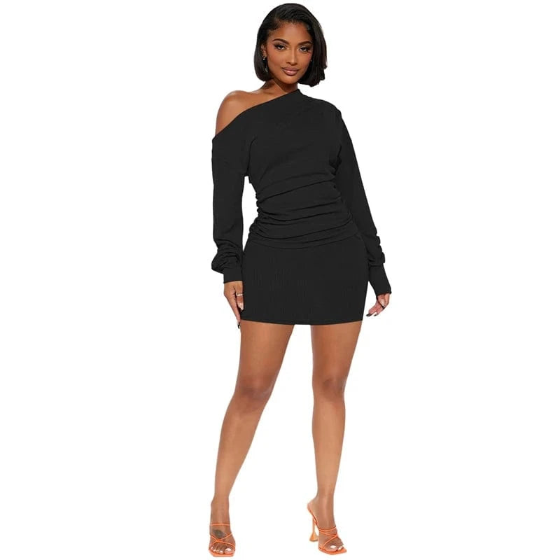 2 XL / Black spring 2024 new hot sale elegant cut one side shoulder off long sleeve polyester crepe tight dress with one shoulder long sleeve