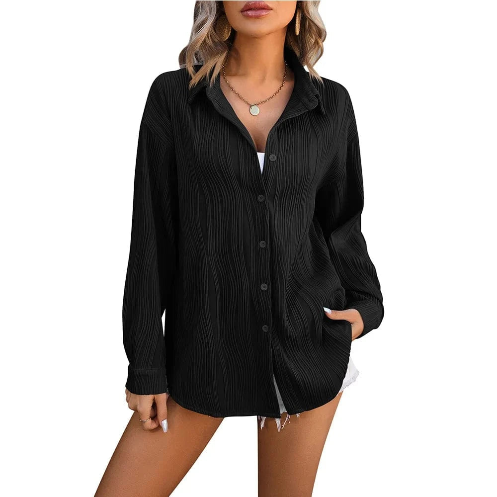 2 XL / Black Spring Summer New Wavy Texture Loose Fashion Shirt Ladies Office Casual Lapel Long Sleeves Shirt
