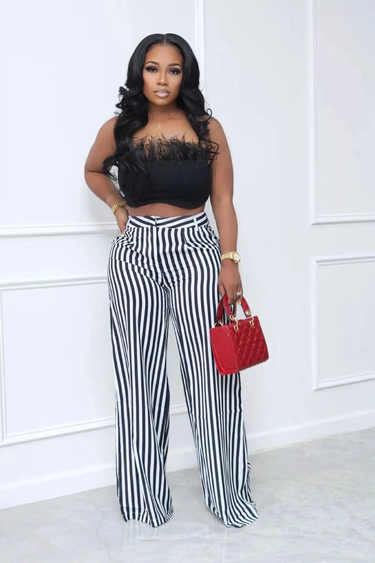 2 XL / Black Striped Women Wide Leg Pants Fashion Print High Waist Female Trouser Sexy Streetwear Loose Casual Streetwear Trousers