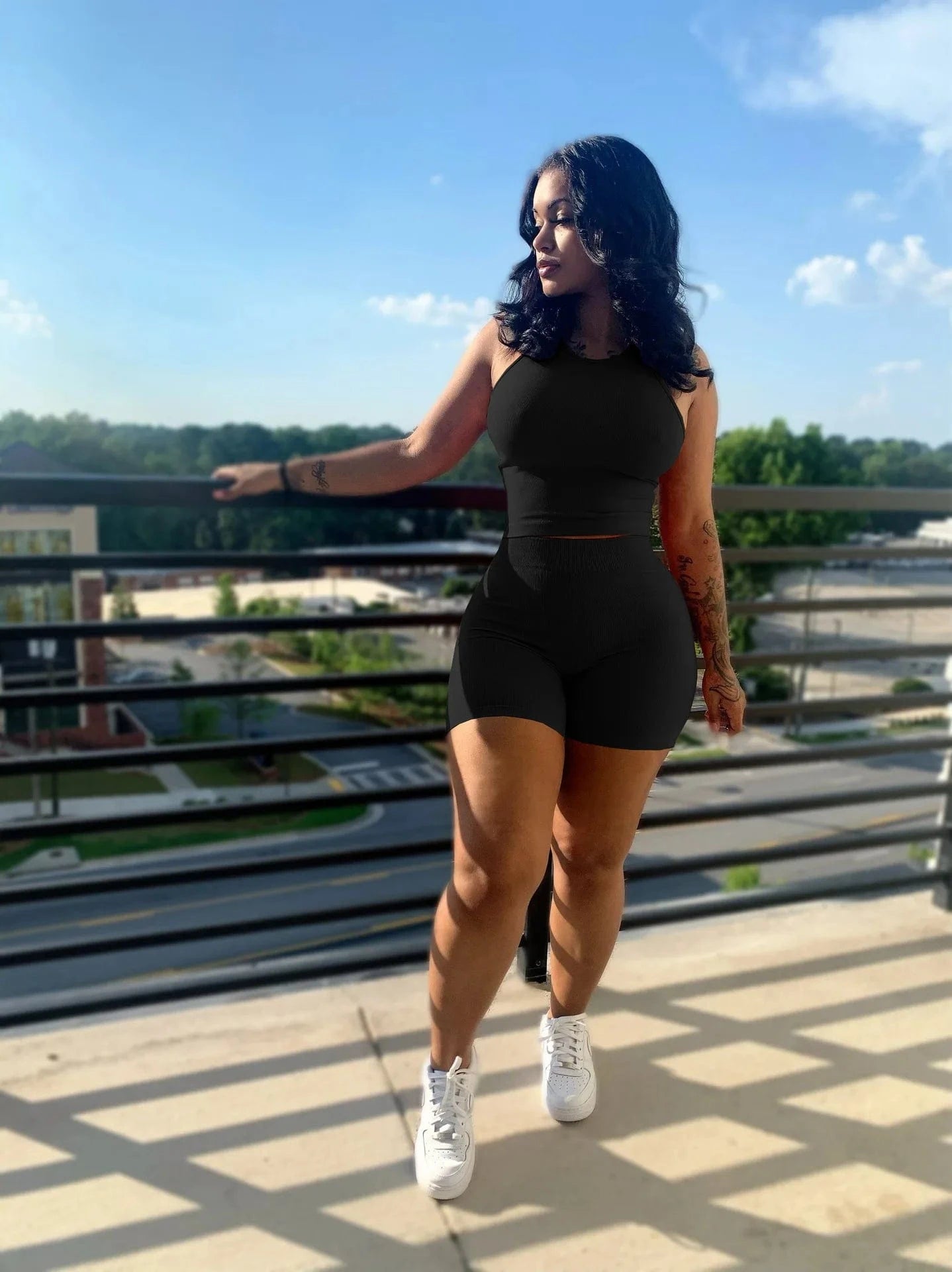 2 XL / Black Summer Women custom logo solid color women fashion sexy pit strip two piece set sports fitness 2 piece set casual for women