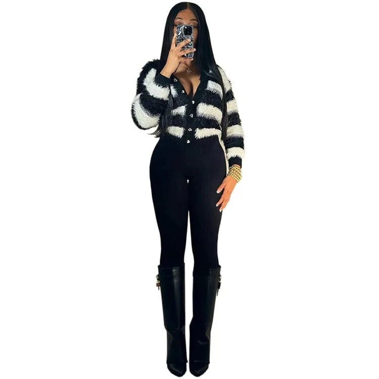 2 XL / Black Sweater Women Fashion Woman Cardigan 2024 Cropped Tops Autumn Striped Sweater Faux Fur Knit Coat