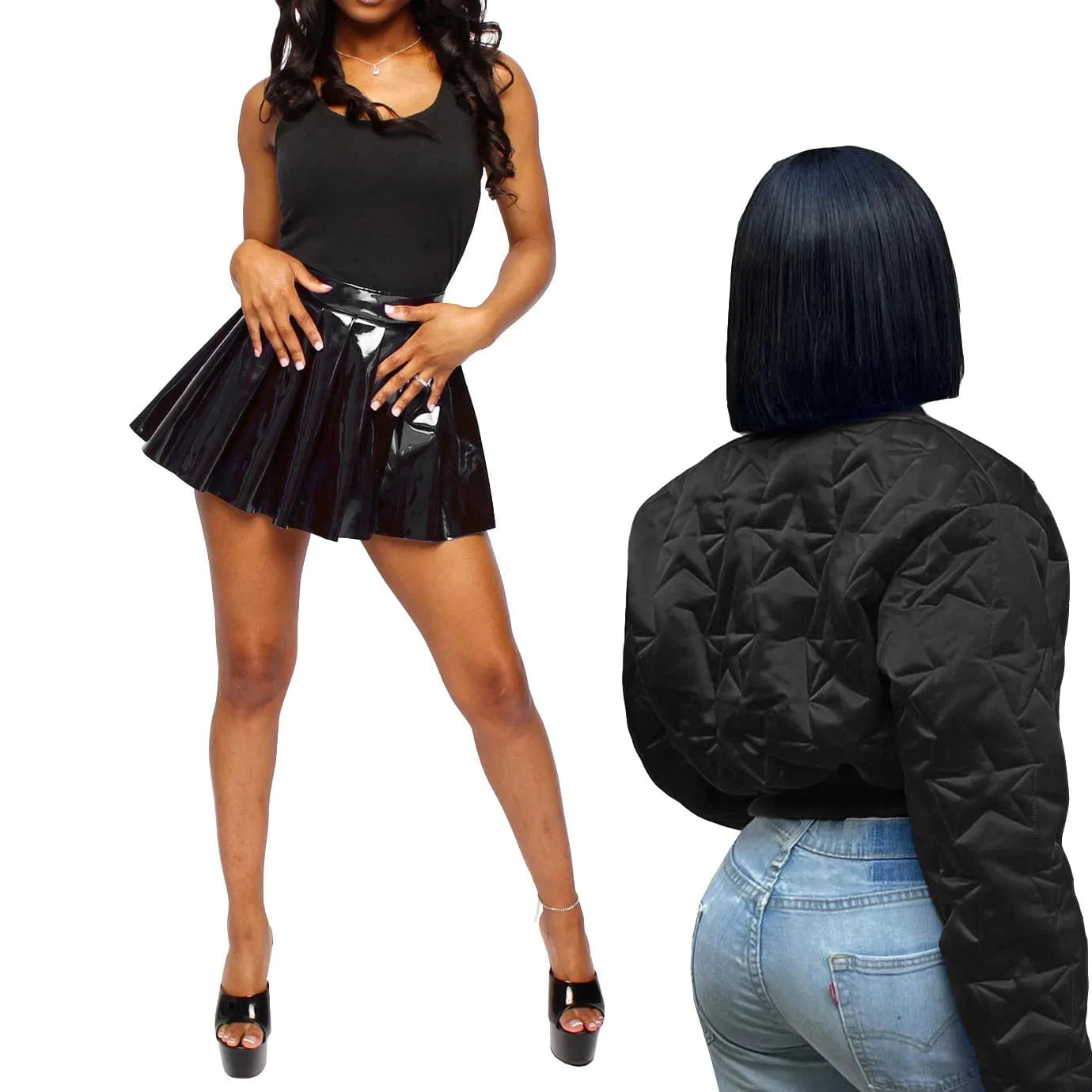 2 XL / Black Winter Women Fashion Streetwear Puffer Jacket + Shiny Mini Pleated Skirts 2 Piece Outfits Skirt Sets