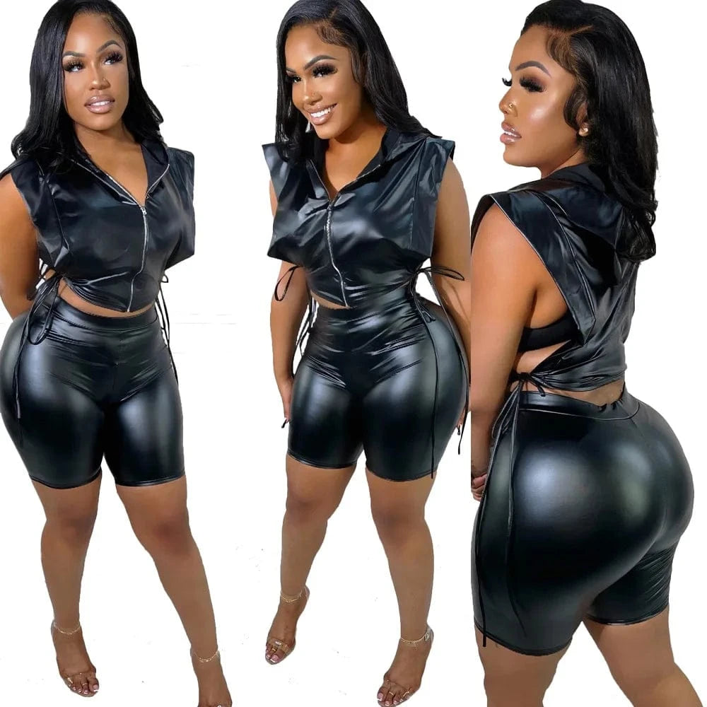 2 XL / Black Women Going Out Outfits Ladies 2 Piece Summer Set Side Open Vest Top and PU Leather Shorts Set Quality 2 Piece Set Women