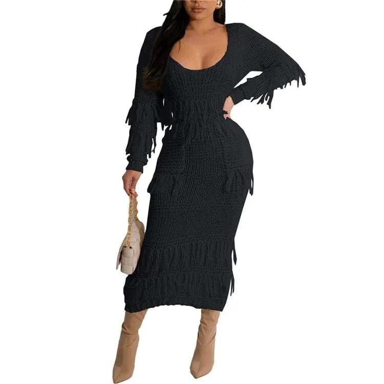 2 XL / Black Women Long Sleeve Tassel Bodycon Midi Knit Straight Dress 2024 Autumn Winter O-neck Sweater Vestidos Dresses