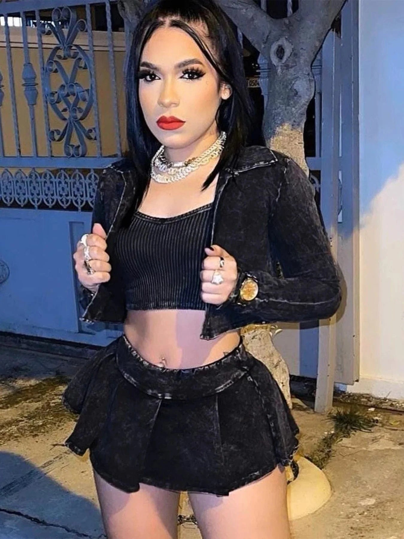 2 XL / Black Women's Washed Jack Vest Pleated Mini Skirt 3 Three Piece Outfit Ash Wash High Quality Acid Mineral Wash Sportswear Skirt Sets