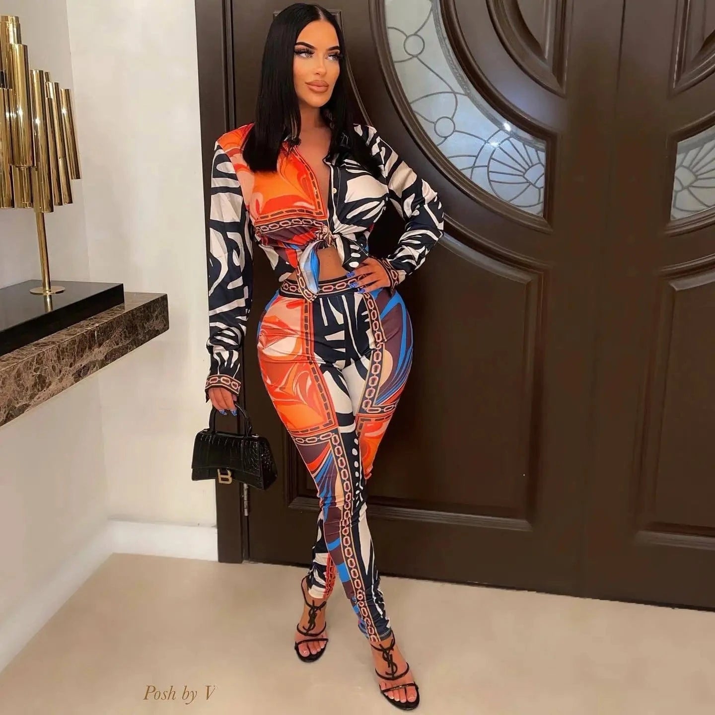 2 XL / Black Women Set Printing Shirt 2 Pieces Set Casual Long Sleeves Button Tied Outfit Sets for Fall 2022 Women Clothes