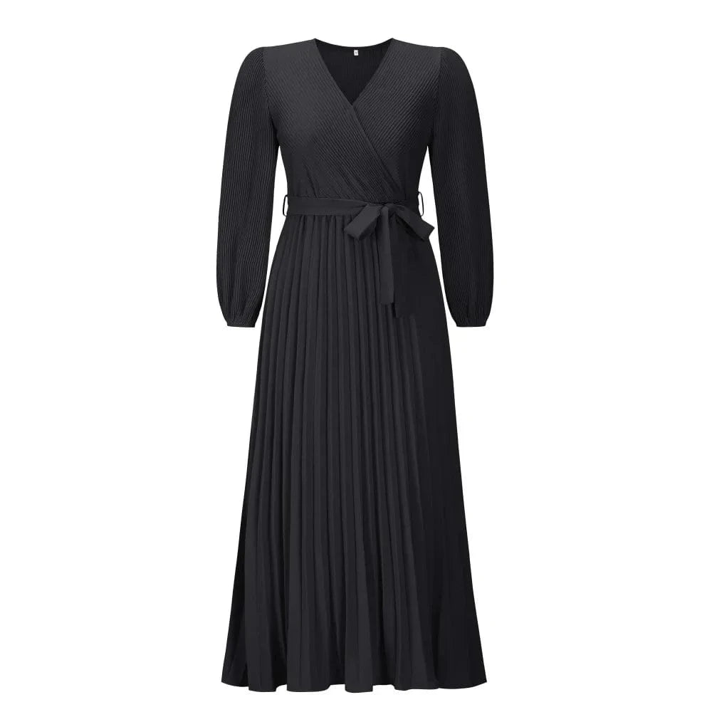 2 XL / Black Women solid Bohemia V-Neck Long Sleeve Pleated A-Line Maxi Dresses Lady casual dresses