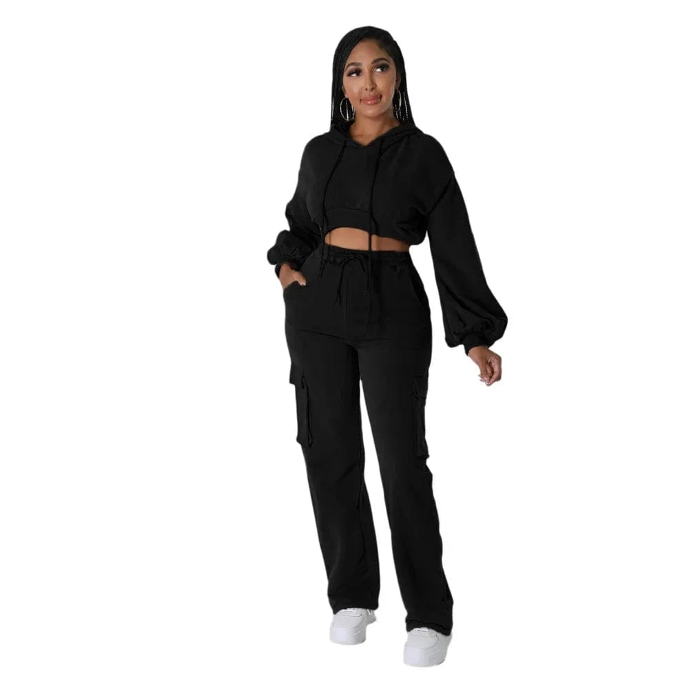 2 XL / Black ZHEZHE 2024 The Latest Fashion Hot Casual Hoodie Solid Color Cargo Straight Trouser Suit Autumn And Winter Two Piece Sets