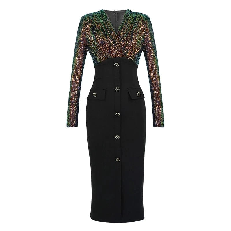 2 XL / Black ZYHT 11120 2024 Spring New V Neck Evening Midi Long Sleeve Dress Luxury Sequin Dresses Women Party