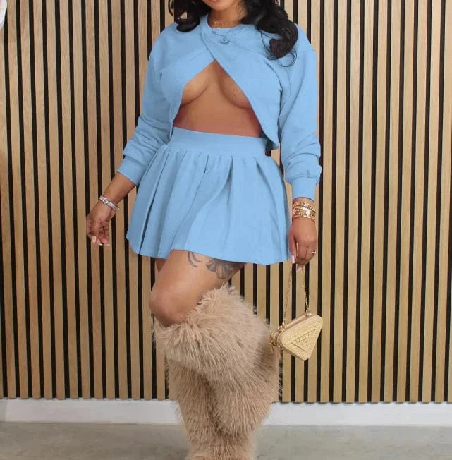 2 XL / Blue 2024 casual women 2 pieces sets long sleeve hollow crop tops and pleated skirts suits streetwear tracksuits