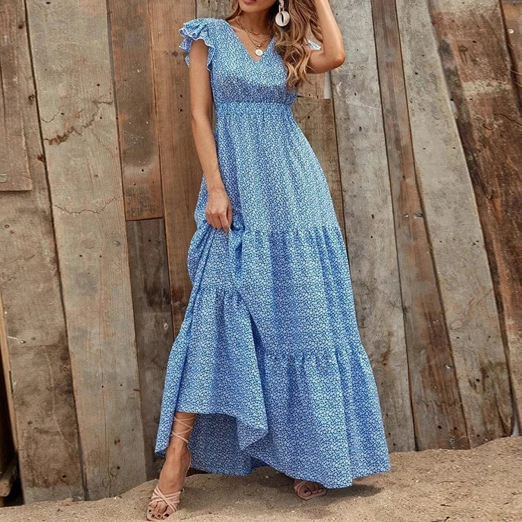 2 XL / Blue 2024 European Summer High Waist Solid Color Short Floral Sleeve Long Loose Dress Print Puffy Skirt Casual Dress