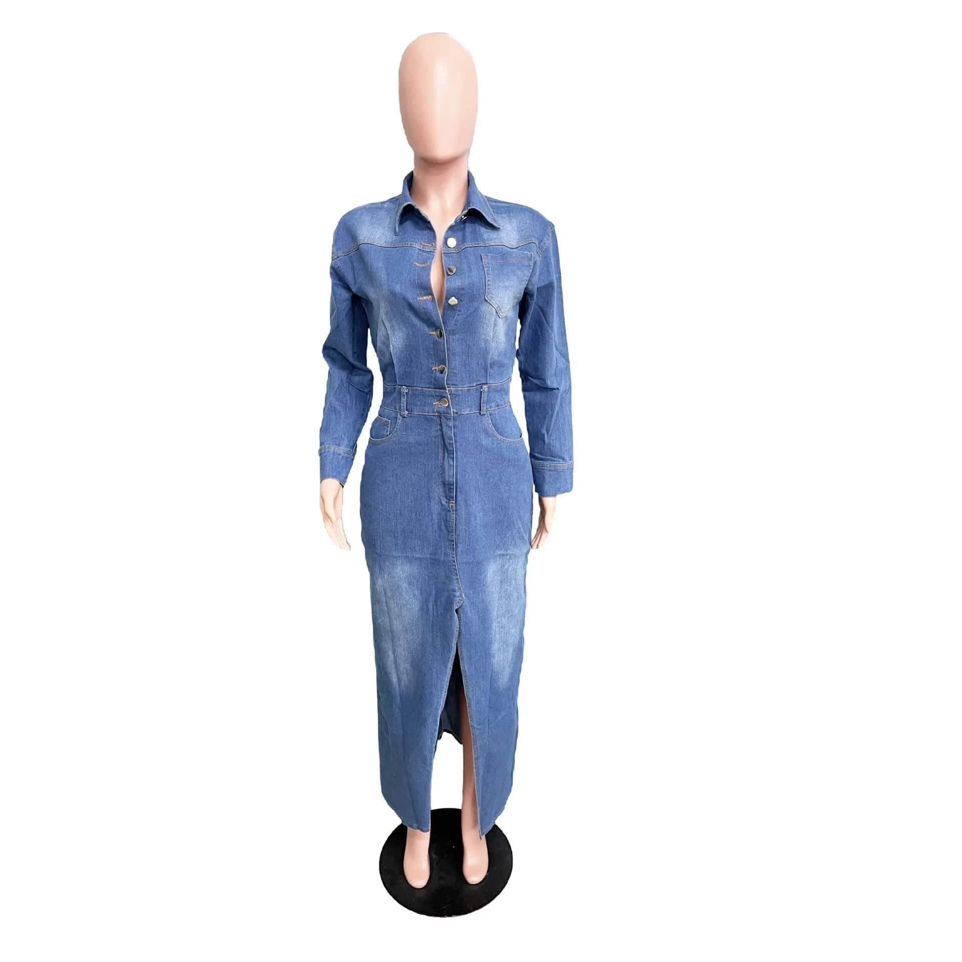 2 XL / Blue 2024 New Spring Vintage Tight Waist Denim Dress Turndown Collar Button Dress Fashion Split Denim Long  Dresses