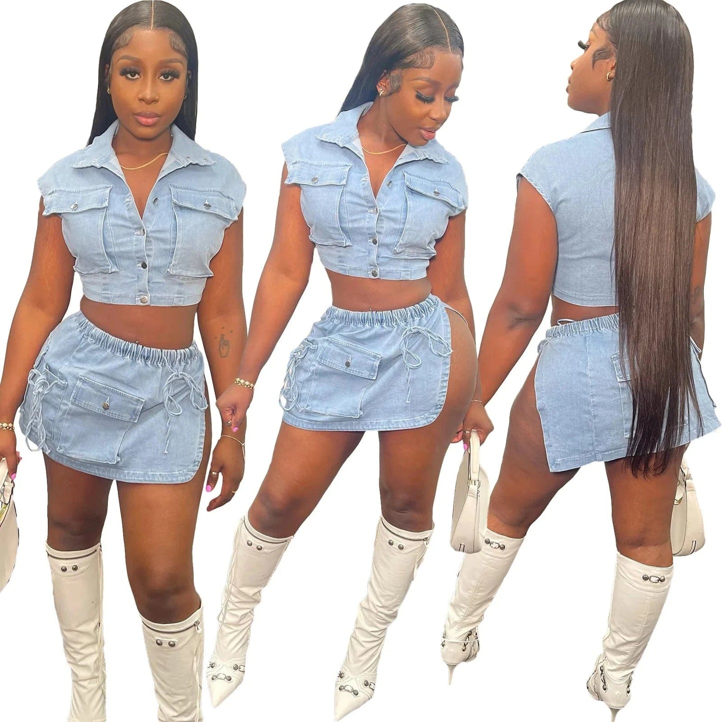 2 XL / Blue 2024 summer fashion denim collection sexy girls short top and skirt set 2piece cargo
